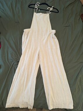 Hem & Thread Cream Tie-Shoulder Wide-Leg Jumpsuit
